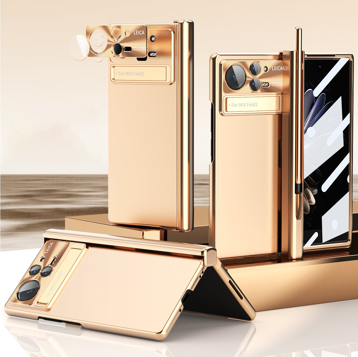 For Xiaomi Mix Fold 2 Electroplating Hinged Folding Phone Case with S Pen Fold Edtion(Gold)