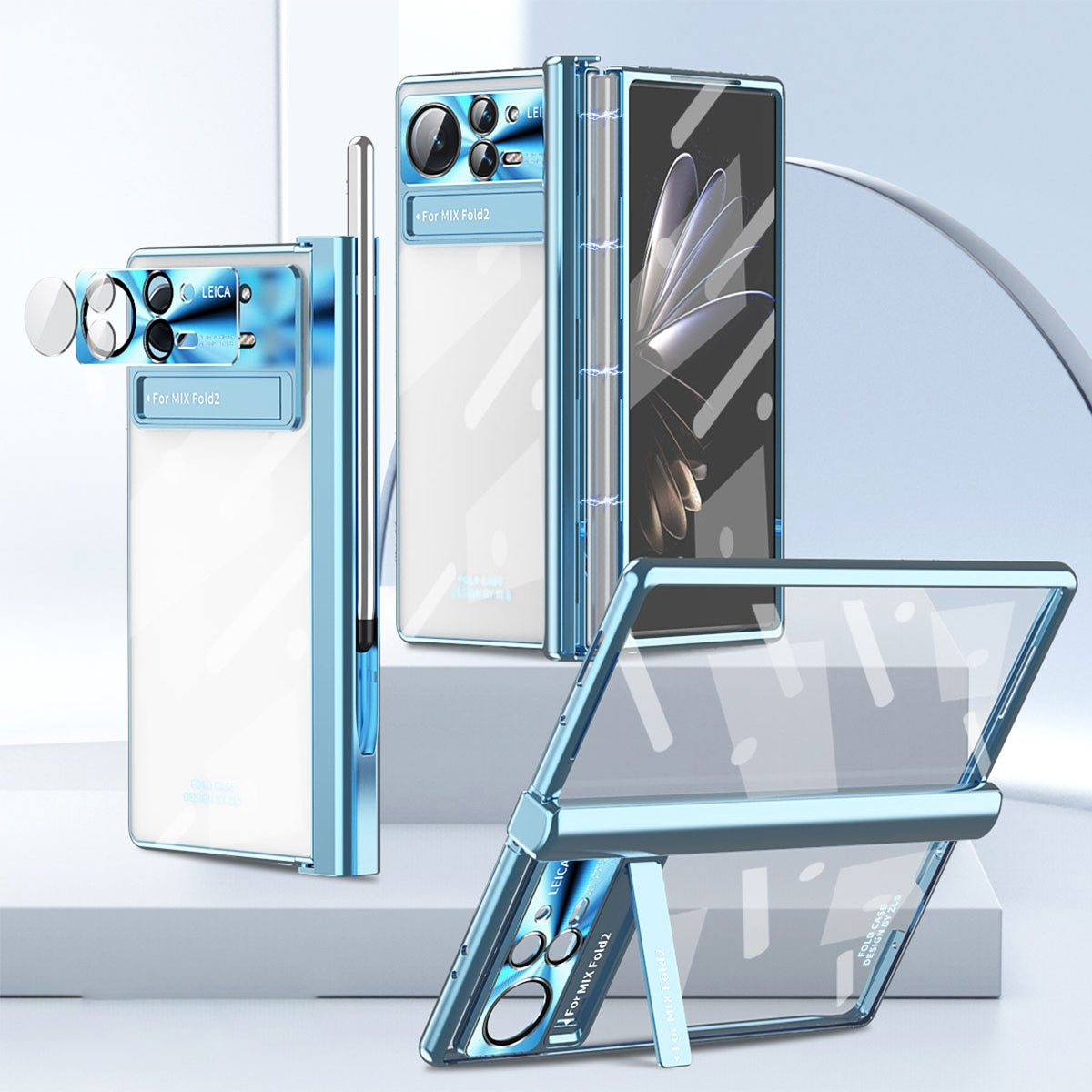For Xiaomi Mix Fold 2 Magnetic Hinges Plating Phone Case with Holder(Blue)