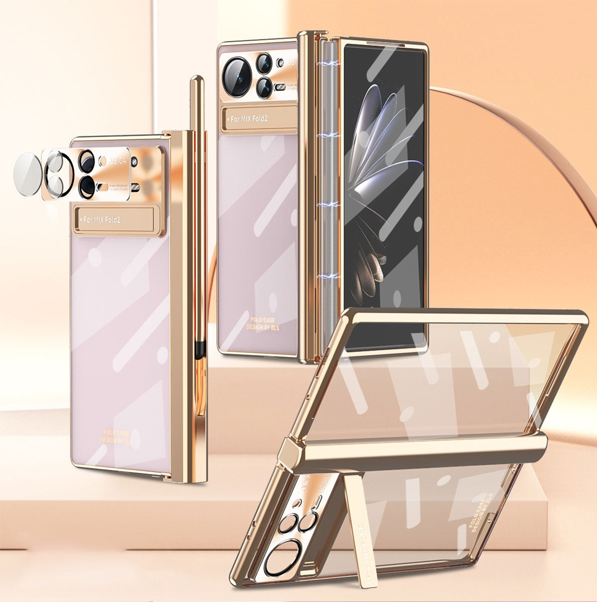For Xiaomi Mix Fold 2 Magnetic Hinges Plating Phone Case with Holder(Champagne Gold)