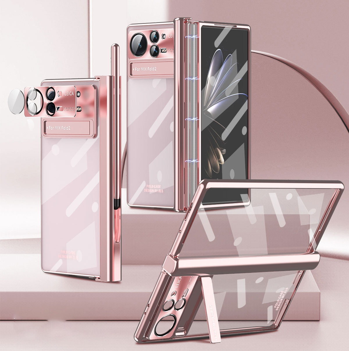 For Xiaomi Mix Fold 2 Magnetic Hinges Plating Phone Case with Holder(Rose Gold)