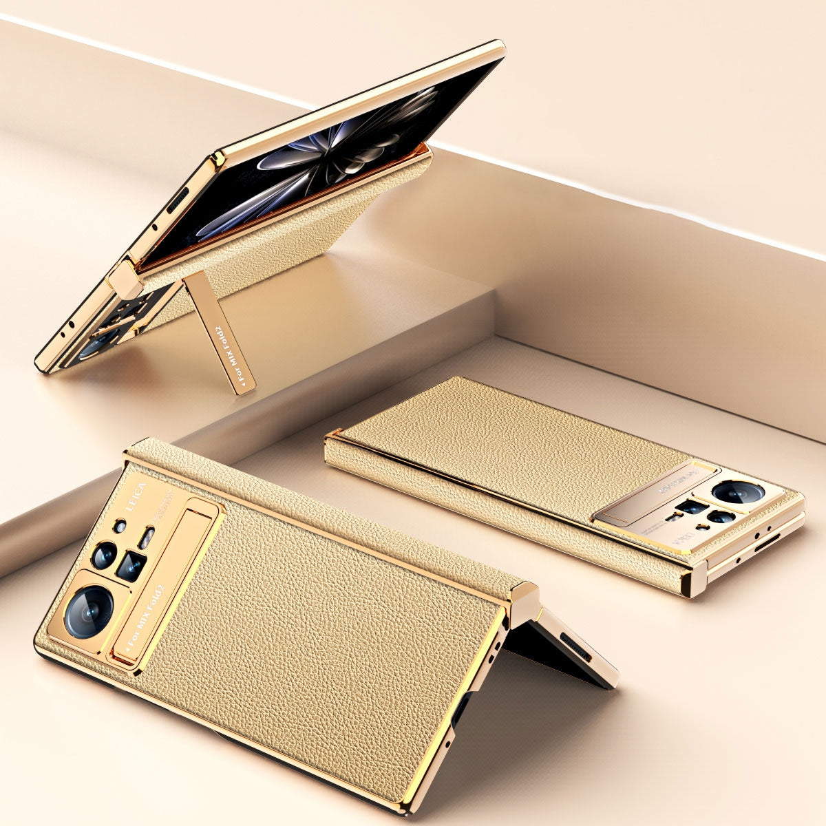 For Xiaomi Mix Fold 2 Electroplated Frame Plain Leather Phone Case(Champagne Gold)