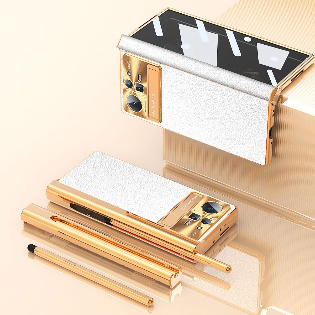 For Xiaomi Mix Fold 2 Plain Leather Double Hinged Folding Phone Case with Stylus(Gold+Silver)
