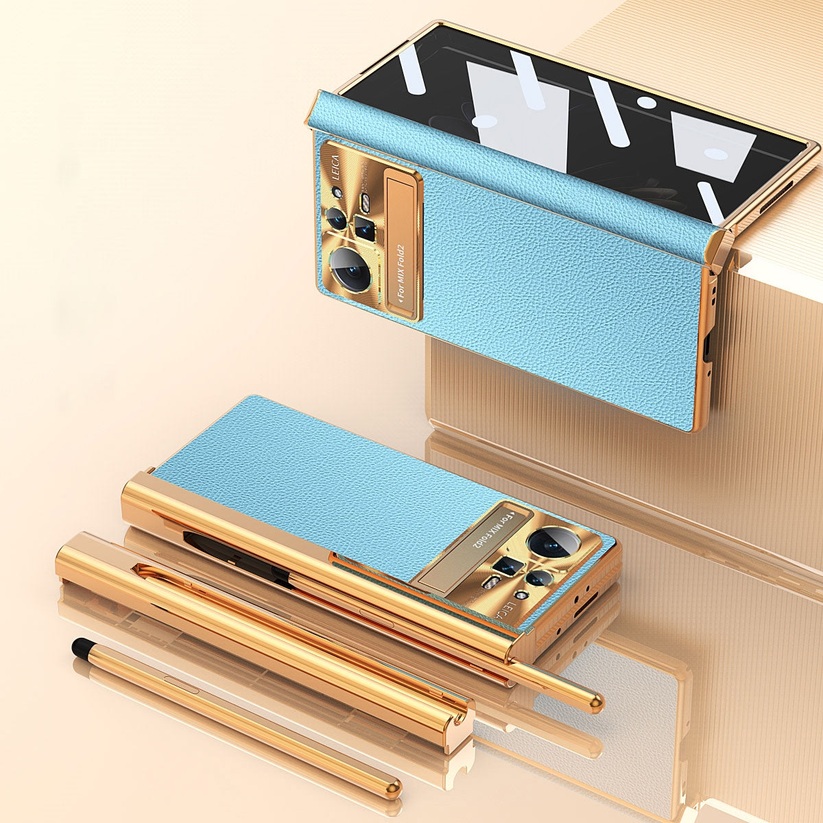 For Xiaomi Mix Fold 2 Plain Leather Double Hinged Folding Phone Case with Stylus(Gold+Blue)