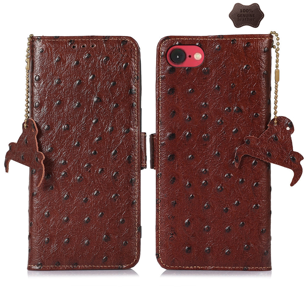 For iPhone 16e Ostrich Pattern Genuine Leather RFID Phone Case(Coffee)