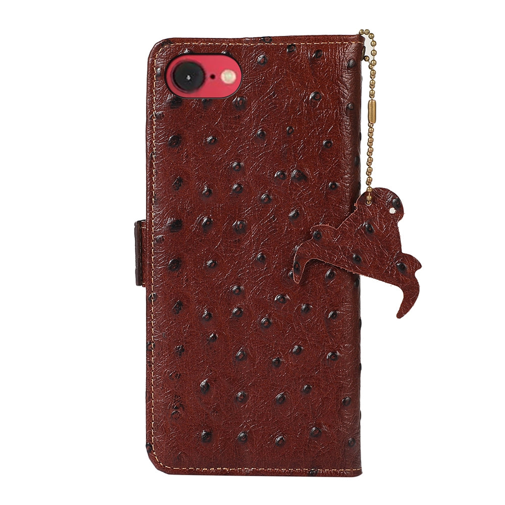 For iPhone 16e Ostrich Pattern Genuine Leather RFID Phone Case(Coffee)