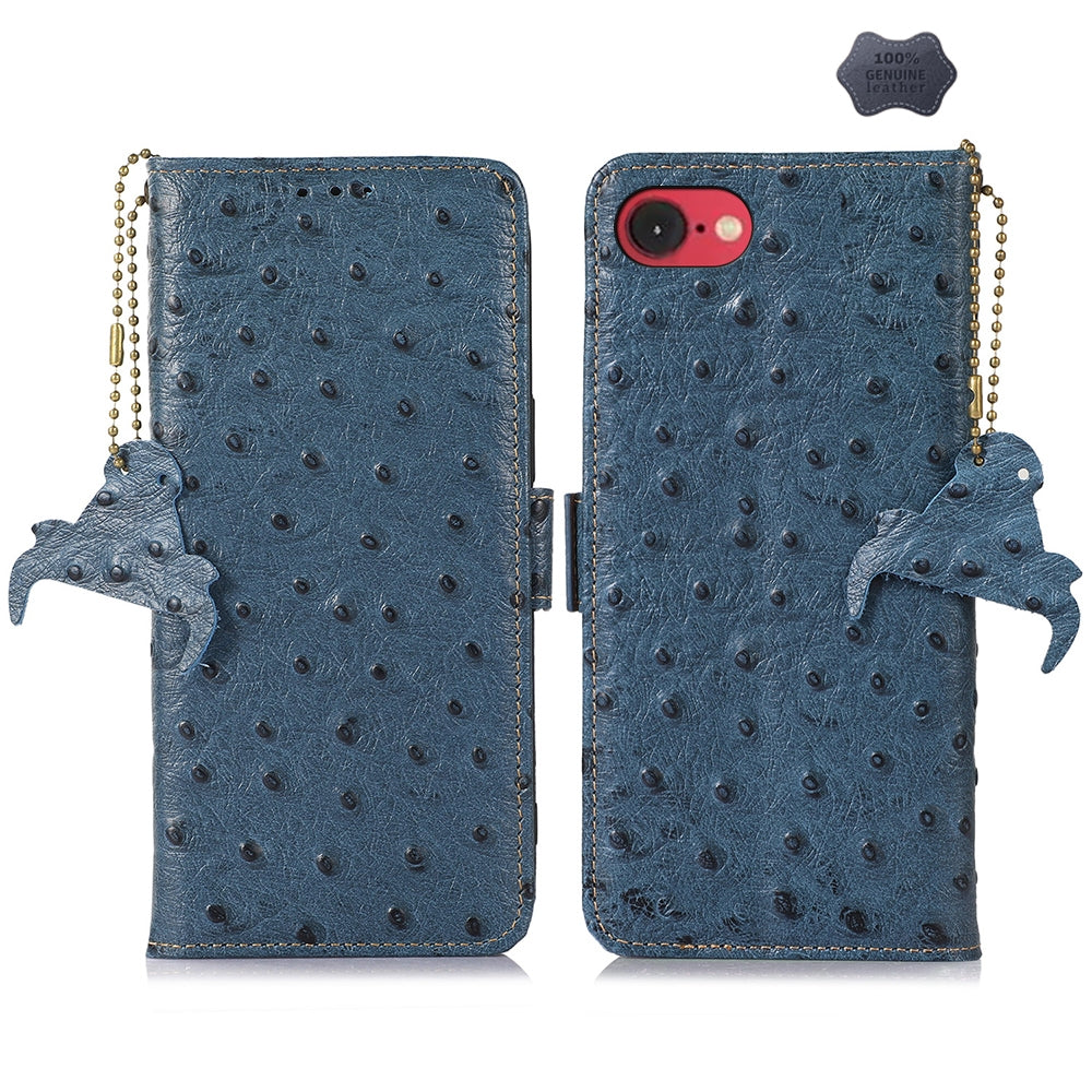 For iPhone 16e Ostrich Pattern Genuine Leather RFID Phone Case(Blue)