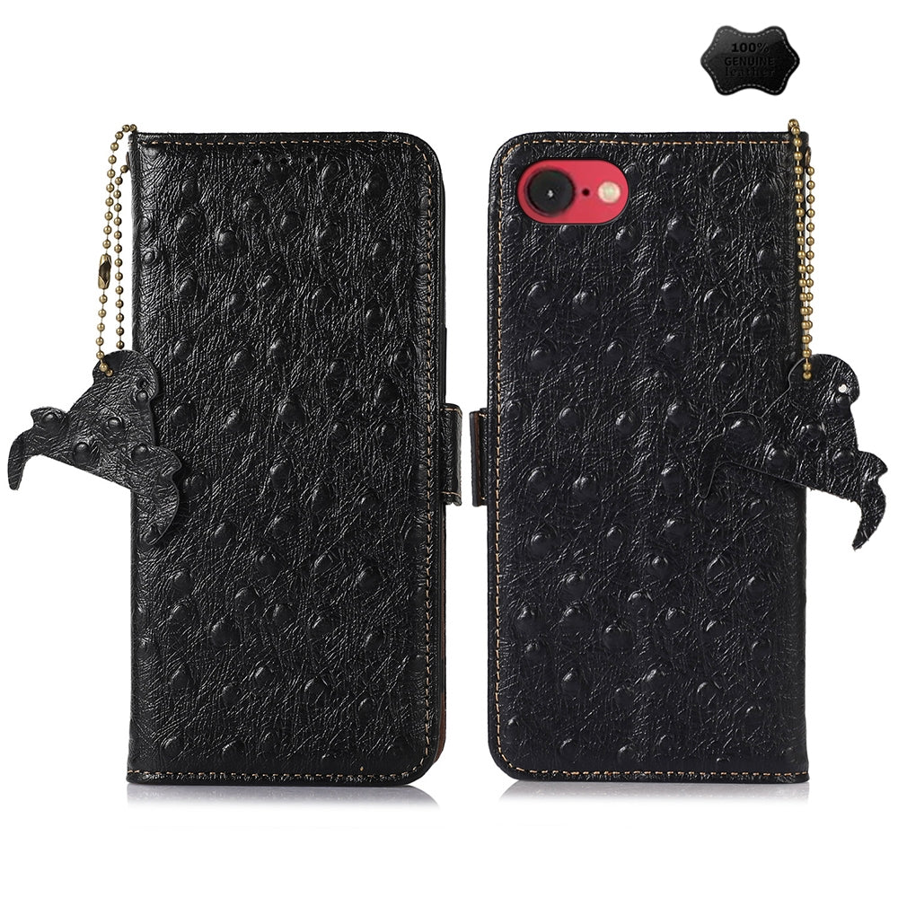 For iPhone 16e Ostrich Pattern Genuine Leather RFID Phone Case(Black)