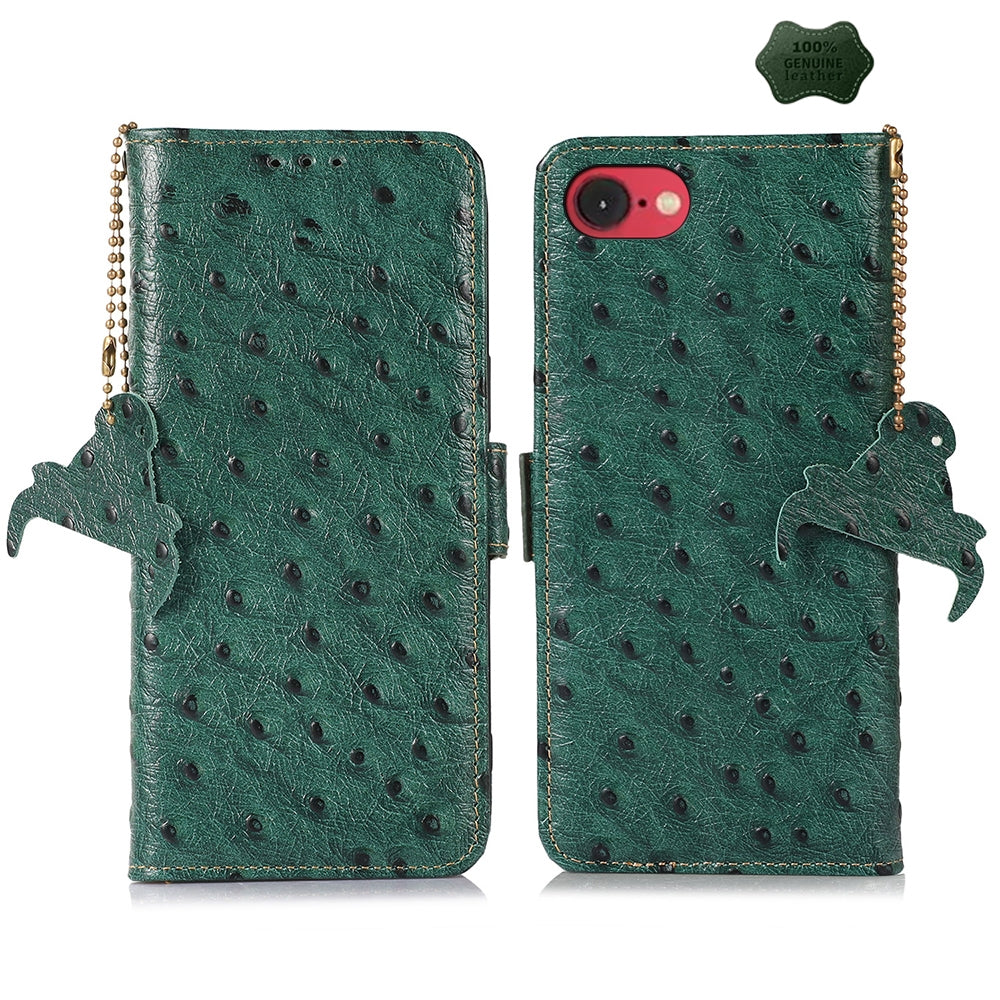 For iPhone 16e Ostrich Pattern Genuine Leather RFID Phone Case(Green)