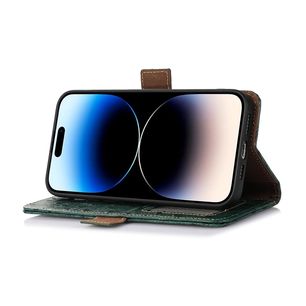 For iPhone 16e Ostrich Pattern Genuine Leather RFID Phone Case(Green)