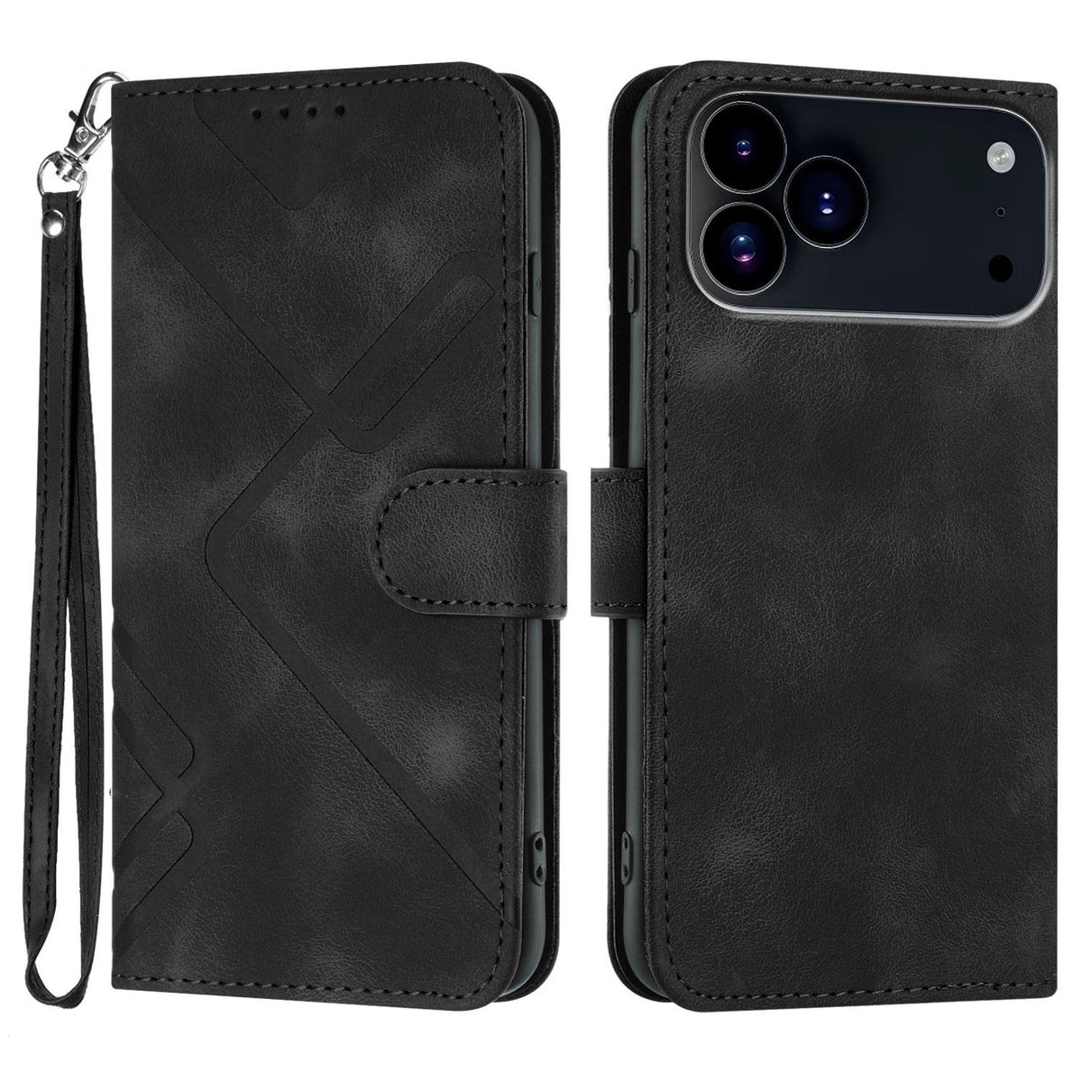 Compatible with iPhone 18 Pro Max & 17 Pro Max Line Pattern Skin Feel Leather Phone Case - Black