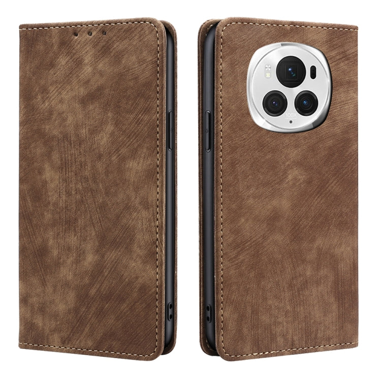For Honor Magic6 Pro RFID Anti-theft Brush Magnetic Leather Phone Case(Brown)