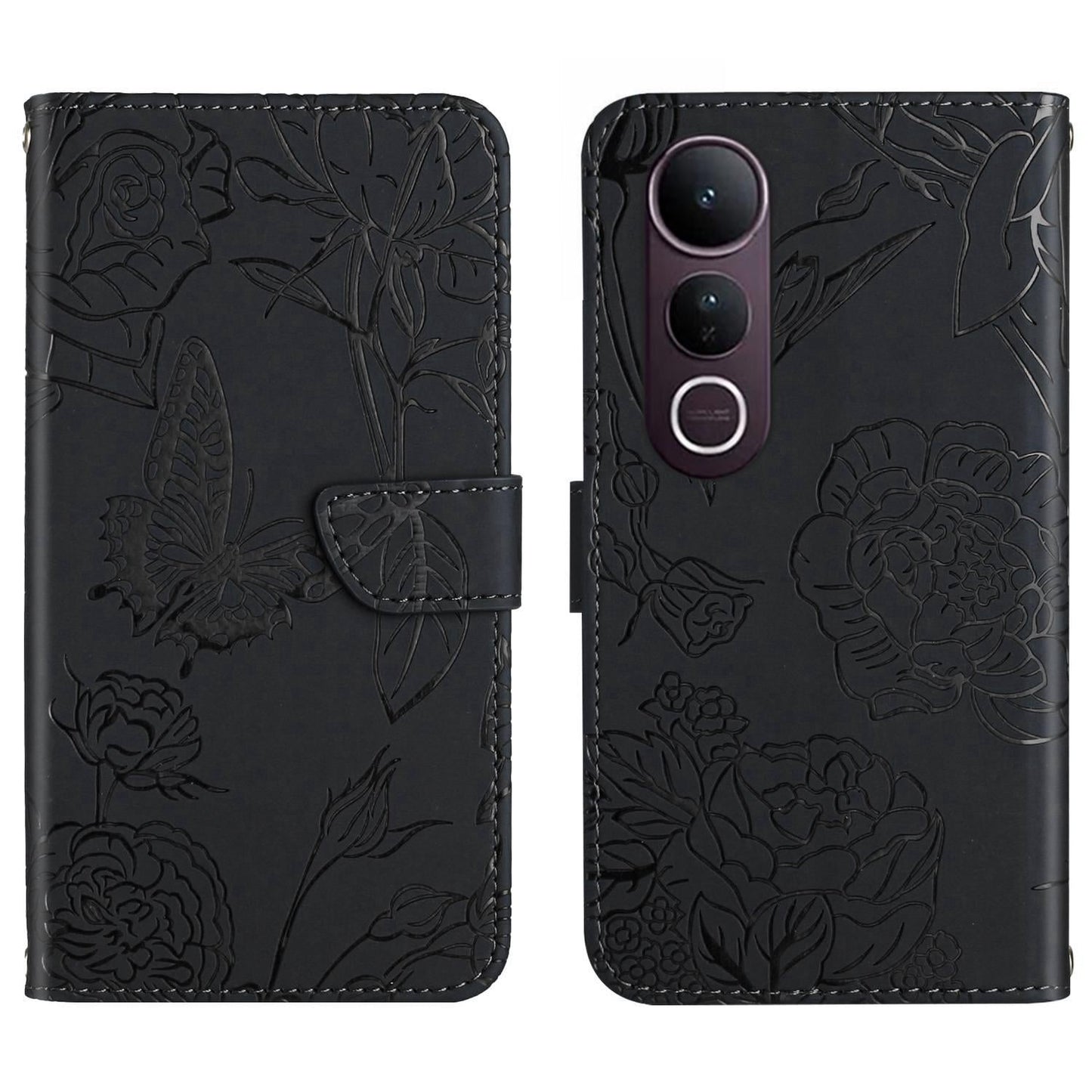 For vivo V50 Lite 5G HT03 Skin Feel Butterfly Embossed Flip Leather Phone Case(Black)