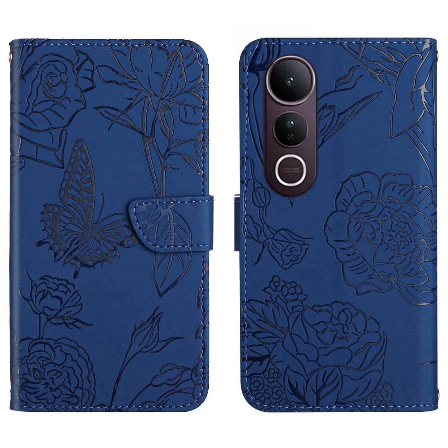 For vivo V50 Lite 5G HT03 Skin Feel Butterfly Embossed Flip Leather Phone Case(Blue)