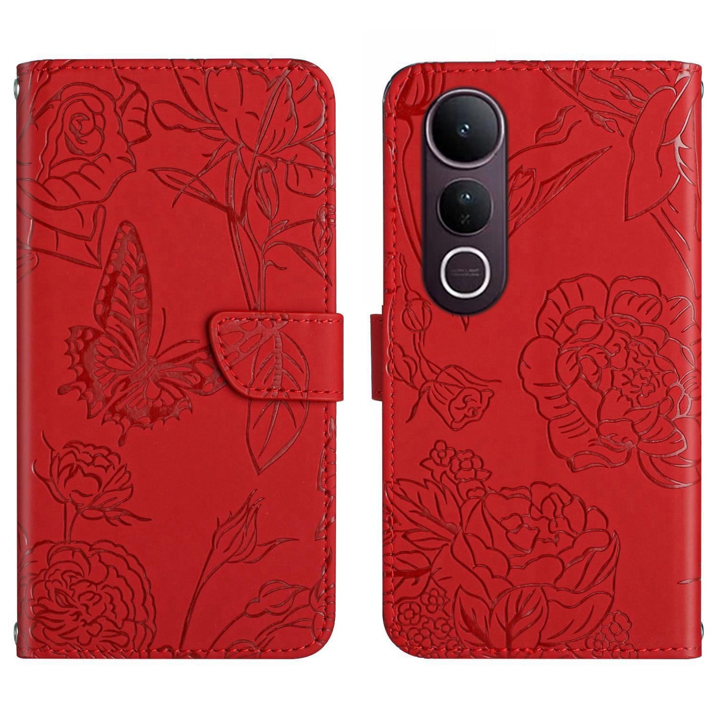 For vivo V50 Lite 5G HT03 Skin Feel Butterfly Embossed Flip Leather Phone Case(Red)