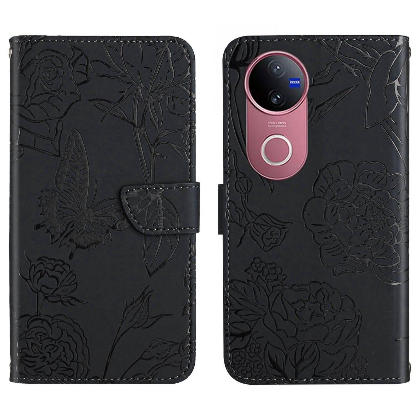 For vivo V50 5G Global HT03 Skin Feel Butterfly Embossed Flip Leather Phone Case(Black)