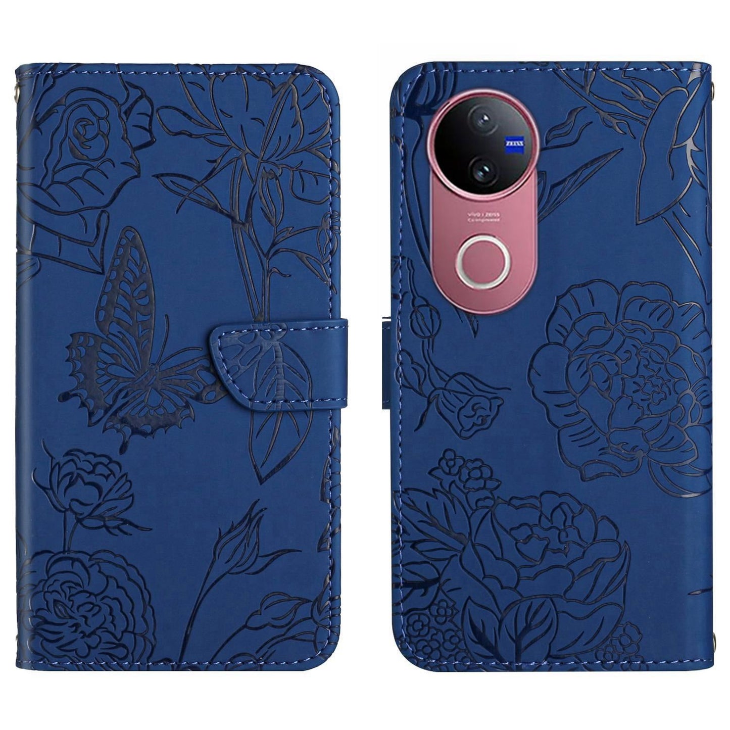 For vivo V50 5G Global HT03 Skin Feel Butterfly Embossed Flip Leather Phone Case(Blue)