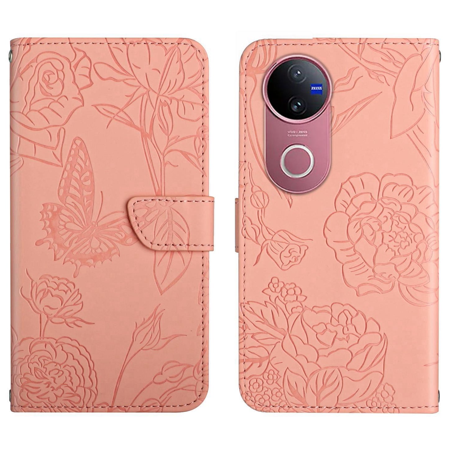 For vivo V50 5G Global HT03 Skin Feel Butterfly Embossed Flip Leather Phone Case(Pink)