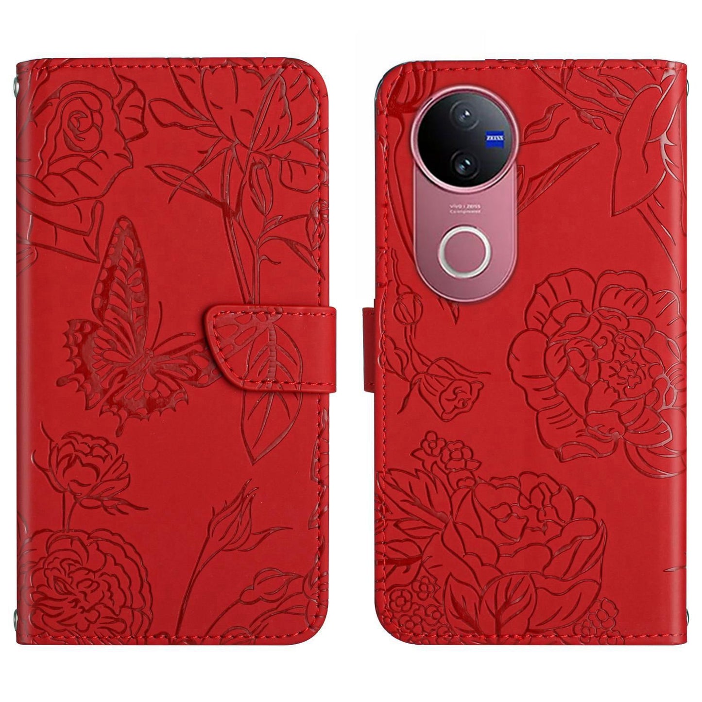 For vivo V50 5G Global HT03 Skin Feel Butterfly Embossed Flip Leather Phone Case(Red)