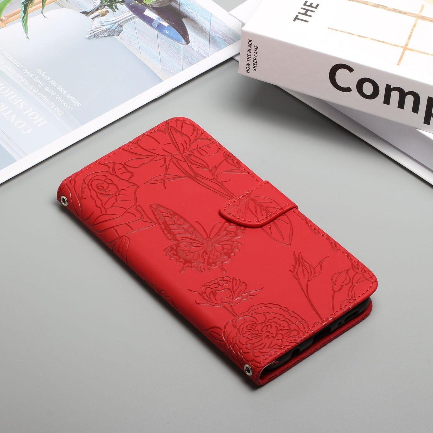 For vivo V50 5G Global HT03 Skin Feel Butterfly Embossed Flip Leather Phone Case(Red)