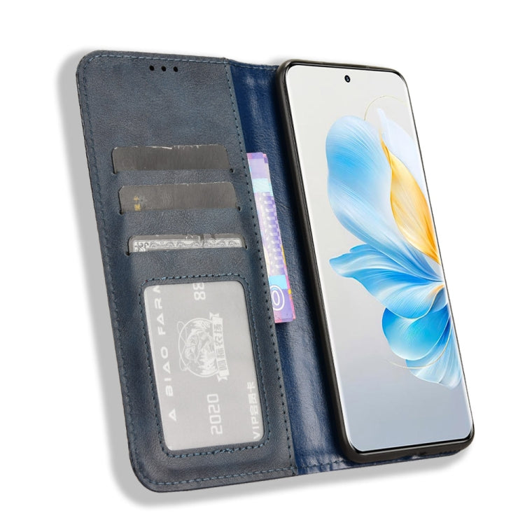 For Honor 100 5G Magnetic Buckle Retro Texture Leather Phone Case(Blue)