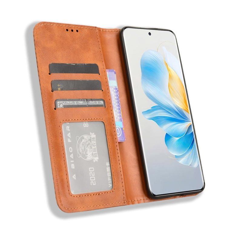 For Honor 100 5G Magnetic Buckle Retro Texture Leather Phone Case(Brown)