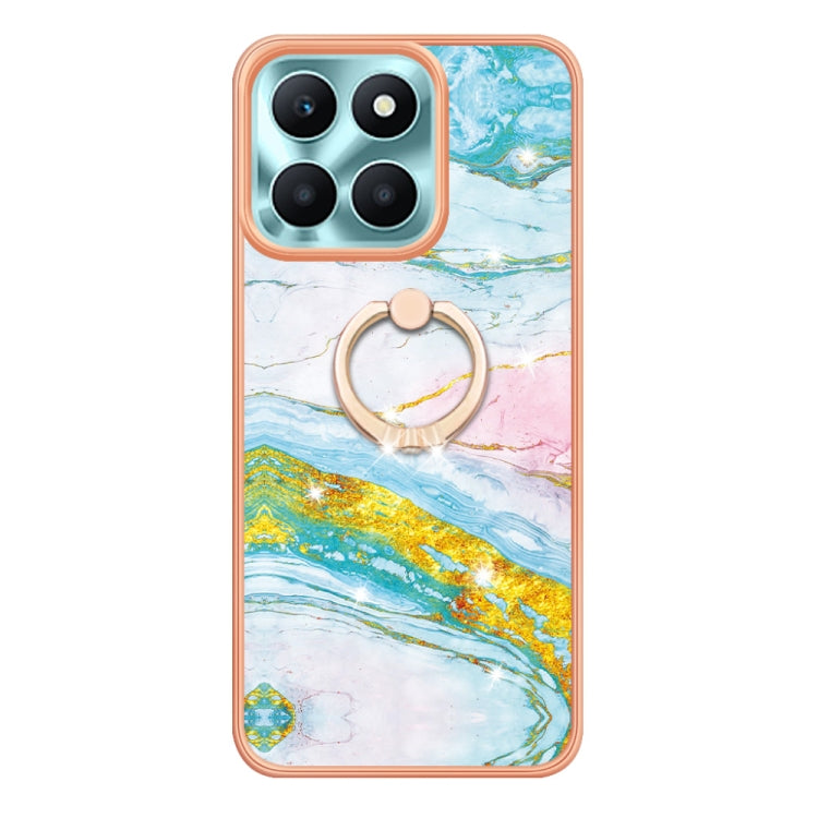 For Honor X6a Electroplating Marble IMD TPU Phone Case with Ring Holder(Green 004)