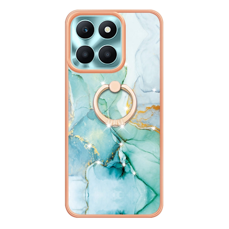 For Honor X6a Electroplating Marble IMD TPU Phone Case with Ring Holder(Green 003)