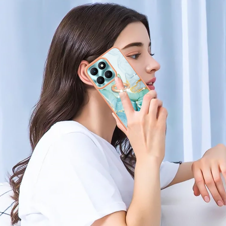 For Honor X6a Electroplating Marble IMD TPU Phone Case with Ring Holder(Green 003)