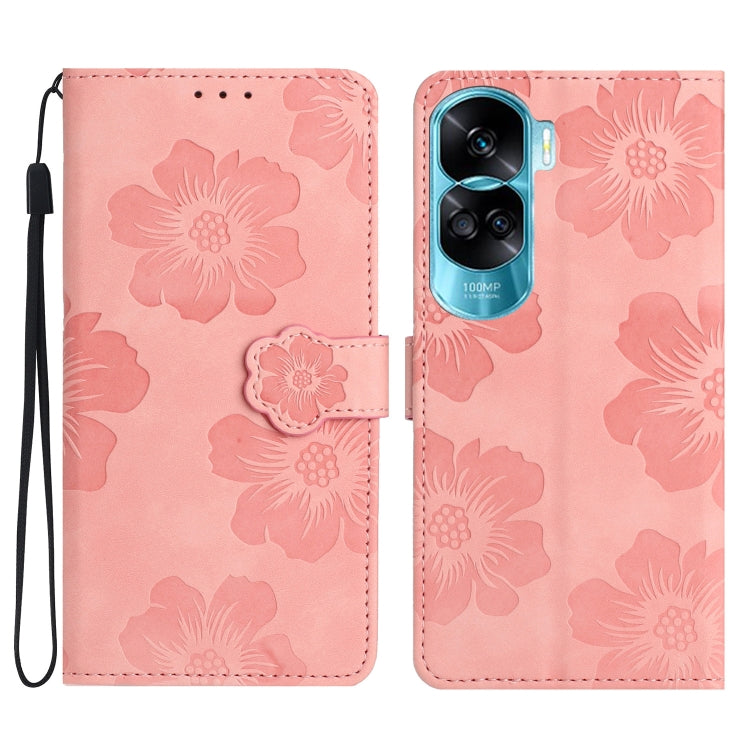 For Honor 90 Lite Flower Embossing Pattern Leather Phone Case(Pink)
