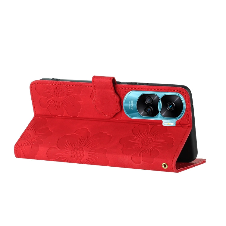 For Honor 90 Lite Flower Embossing Pattern Leather Phone Case(Red)