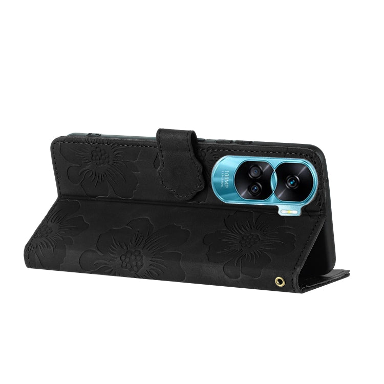 For Honor 90 Lite Flower Embossing Pattern Leather Phone Case(Black)