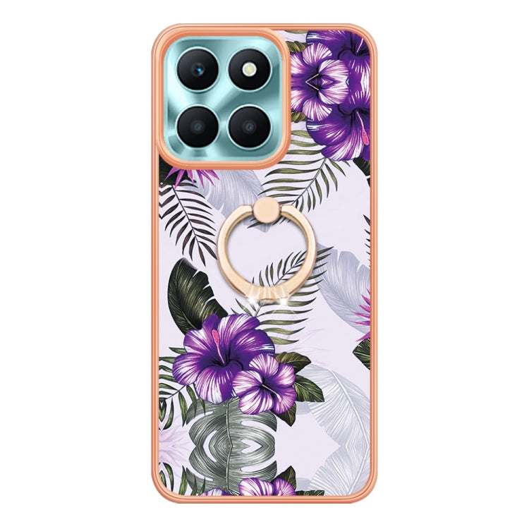 For Honor X6a Electroplating IMD TPU Phone Case with Ring(Purple Flower)