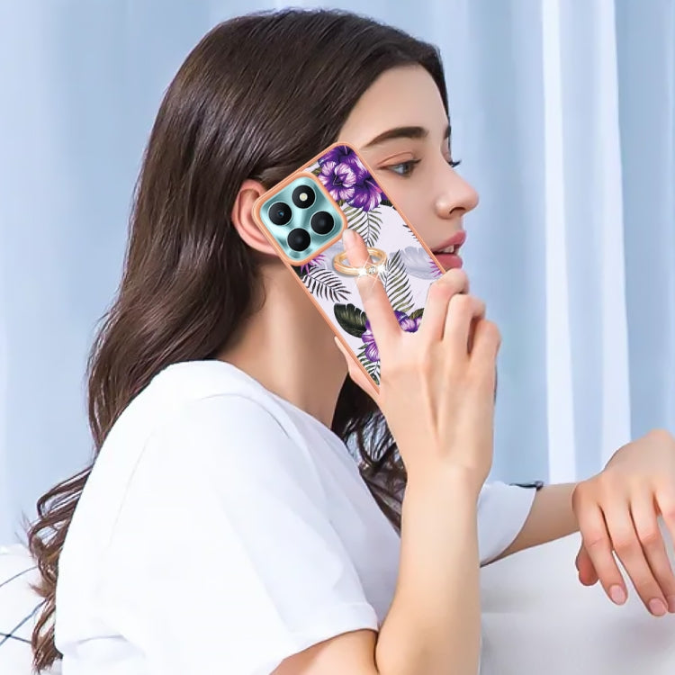 For Honor X6a Electroplating IMD TPU Phone Case with Ring(Purple Flower)