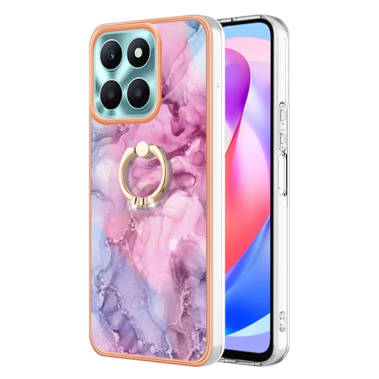 For Honor X6a Electroplating Marble Dual-side IMD Phone Case with Ring(Pink 013)