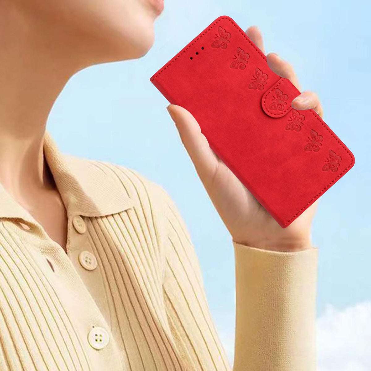 Compatible with iPhone 18 Pro Max & 17 Pro Max Seven Butterflies Embossed Leather Phone Case - Red