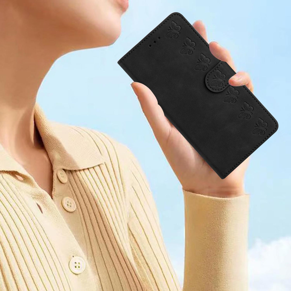 Compatible with iPhone 18 Pro Max & 17 Pro Max Seven Butterflies Embossed Leather Phone Case - Black