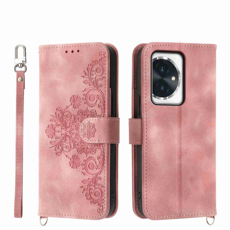 For Honor 100 Skin-feel Flowers Embossed Wallet Leather Phone Case(Pink)