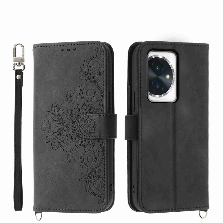 For Honor 100 Skin-feel Flowers Embossed Wallet Leather Phone Case(Black)