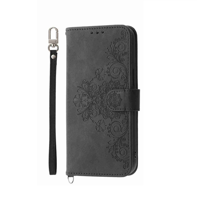 For Honor 100 Skin-feel Flowers Embossed Wallet Leather Phone Case(Black)