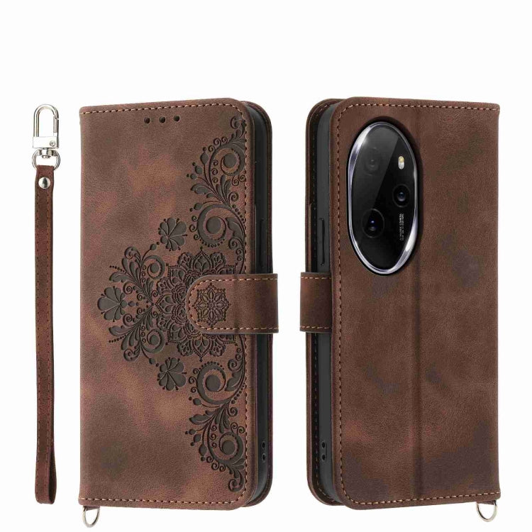 For Honor 100 Pro Skin-feel Flowers Embossed Wallet Leather Phone Case(Brown)