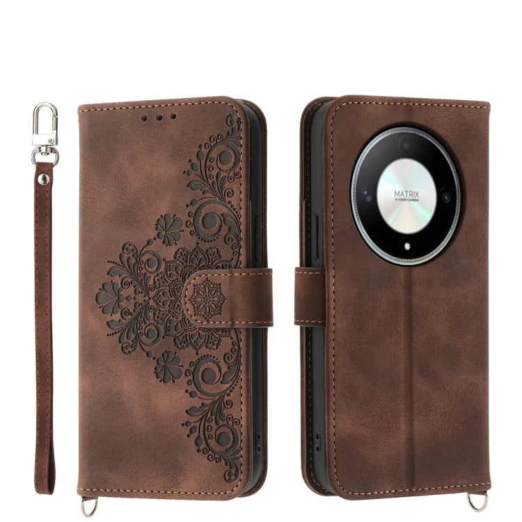 For Honor X9b Skin-feel Flowers Embossed Wallet Leather Phone Case(Brown)