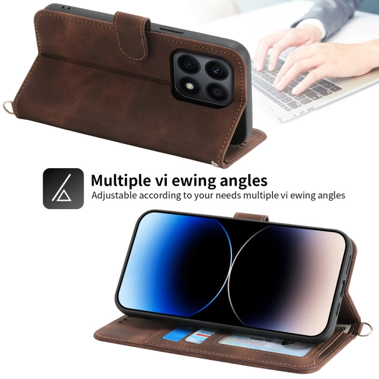 For Honor X8b Skin-feel Flowers Embossed Wallet Leather Phone Case(Brown)