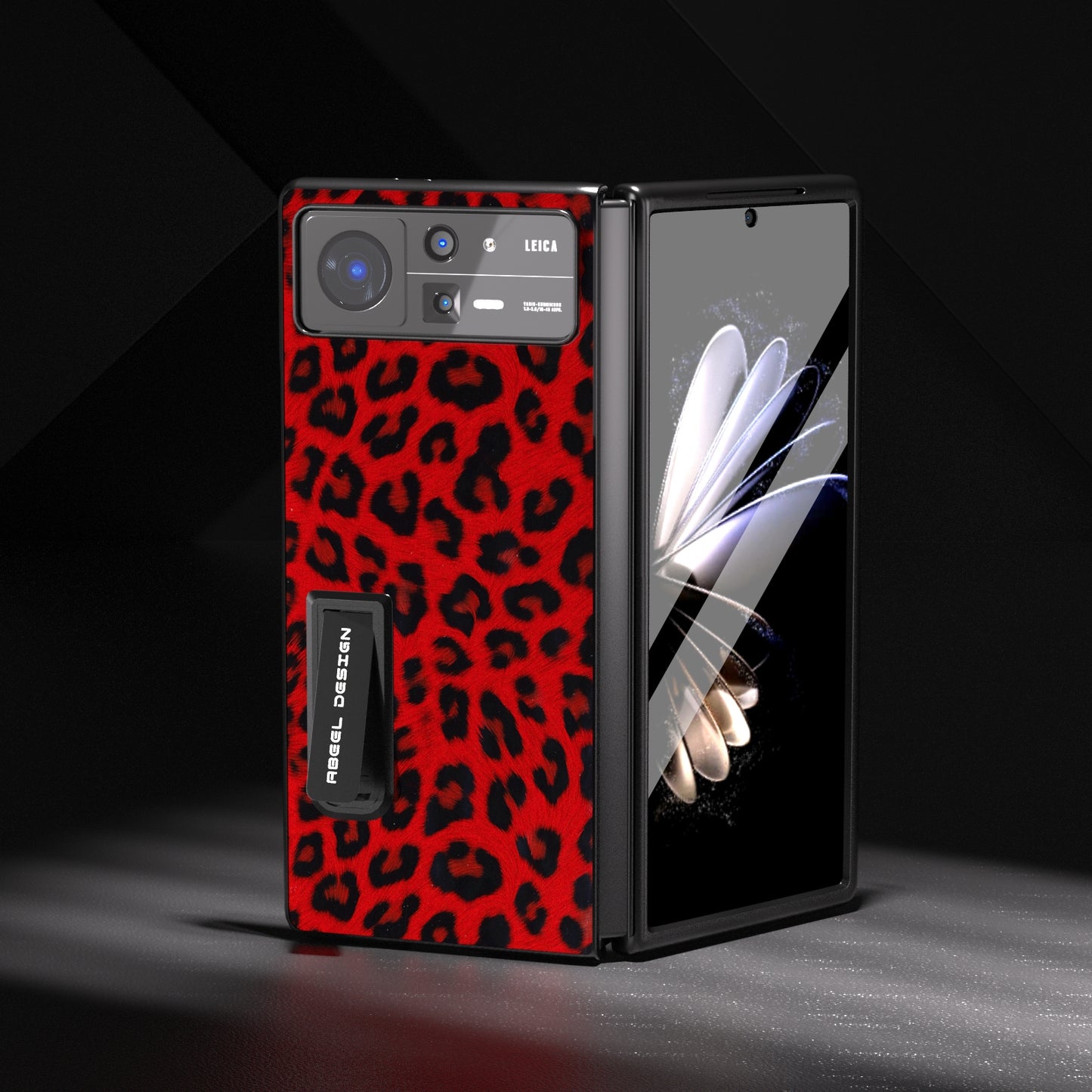 For Xiaomi Mix Fold 2 Integrated Black Edge Leopard Phone Case with Holder(Red)