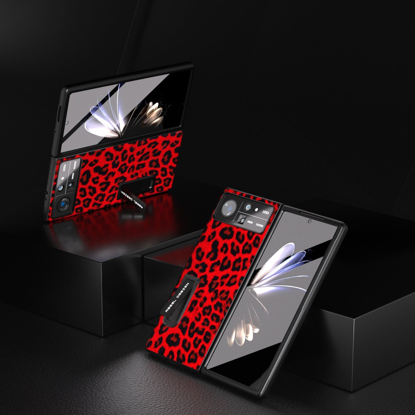 For Xiaomi Mix Fold 2 Integrated Black Edge Leopard Phone Case with Holder(Red)