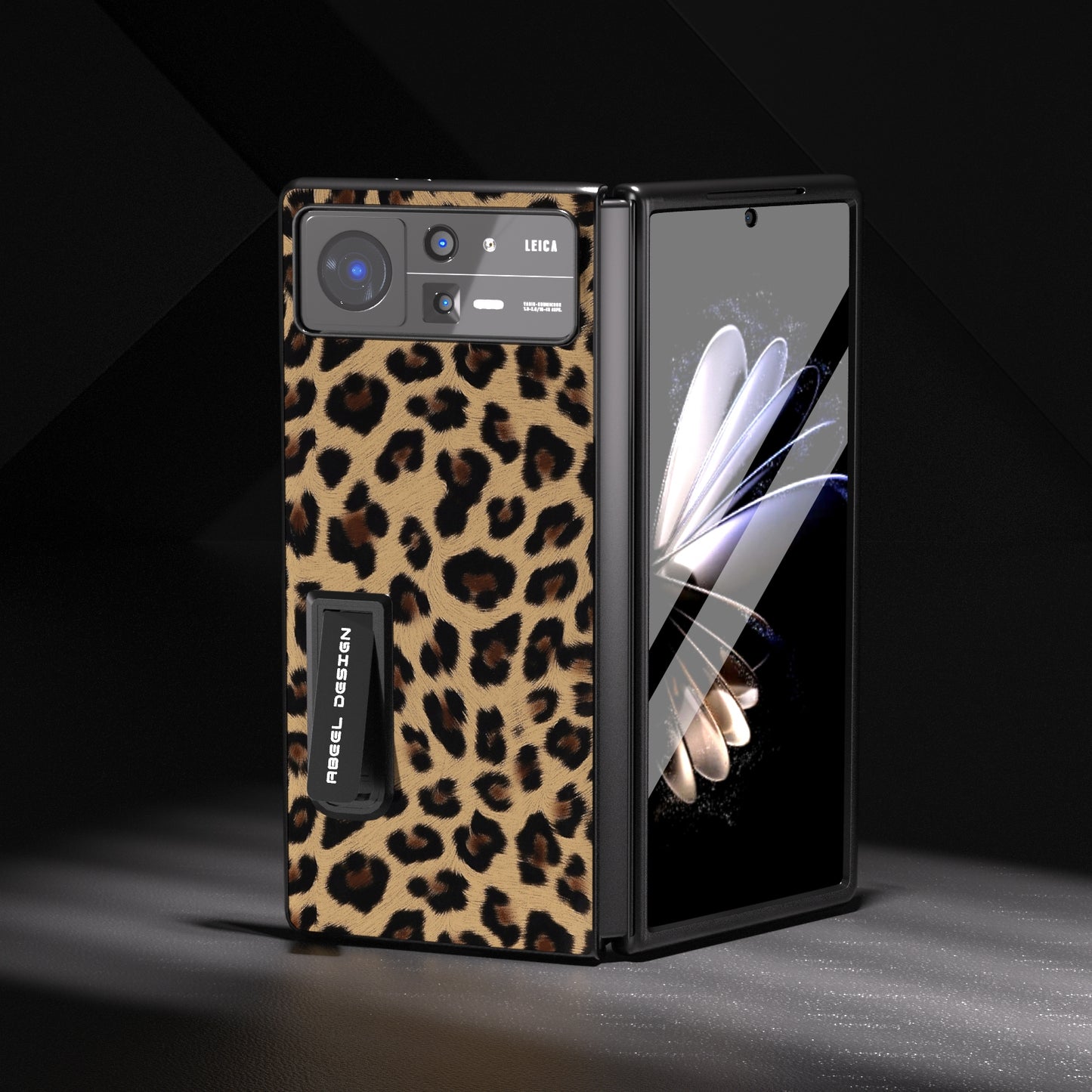 For Xiaomi Mix Fold 2 Integrated Black Edge Leopard Phone Case with Holder(Champagne Gold)
