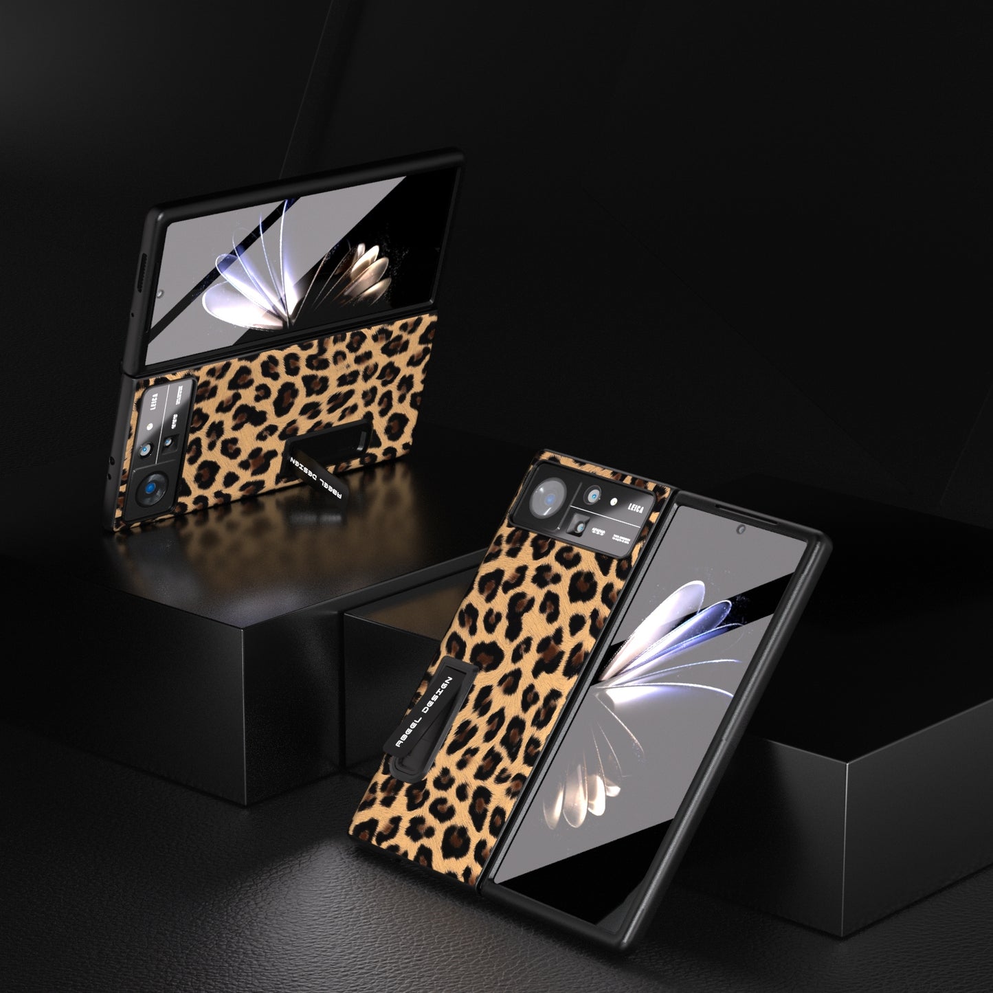 For Xiaomi Mix Fold 2 Integrated Black Edge Leopard Phone Case with Holder(Champagne Gold)