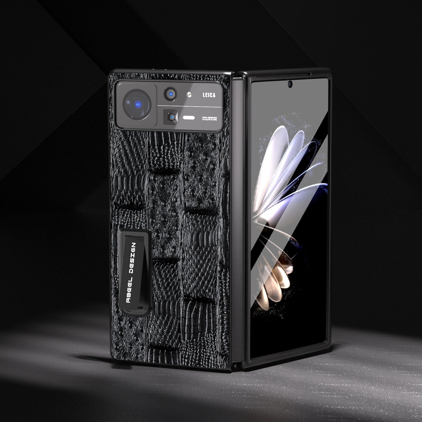 For Xiaomi Mix Fold 2 ABEEL Integrated Genuine Leather Mahjong Texture Series Phone Case with Holder(Black)