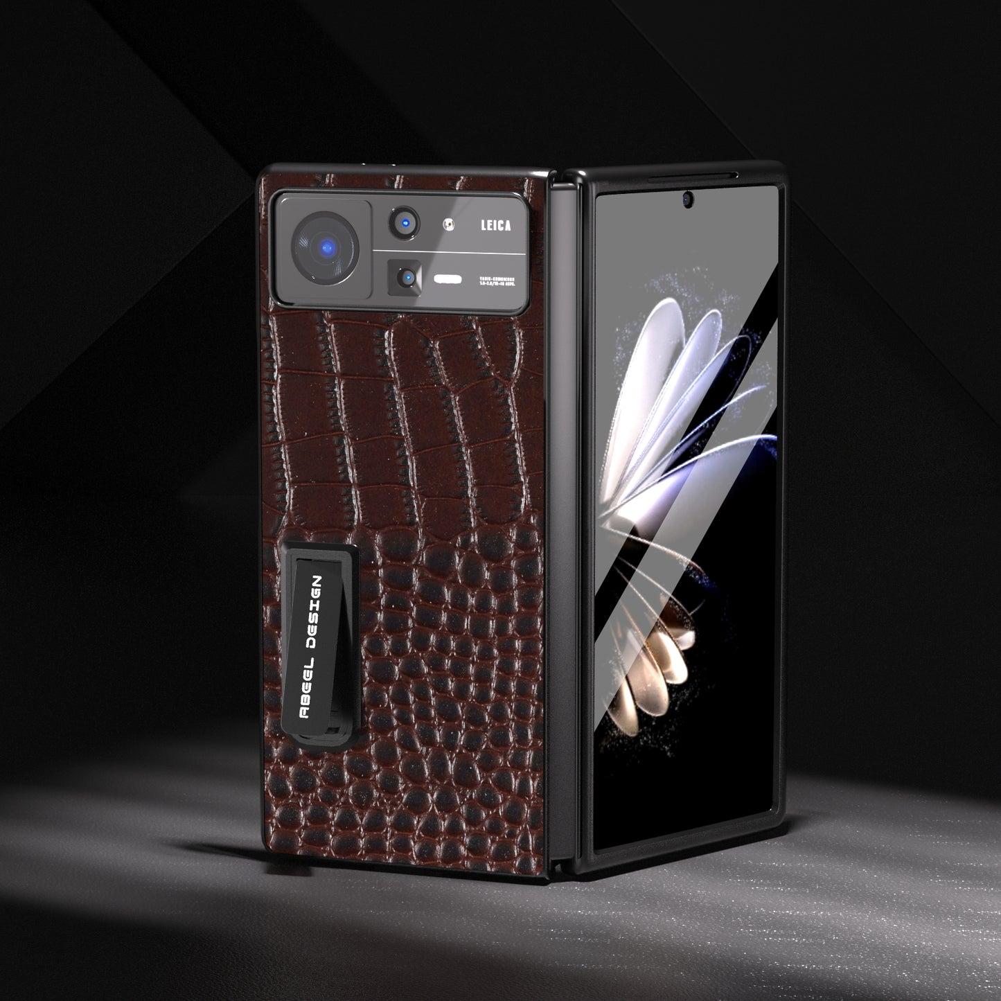 For Xiaomi Mix Fold 2 ABEEL Integrated Genuine Leather Crocodile Pattern Phone Case with Holder(Coffee)