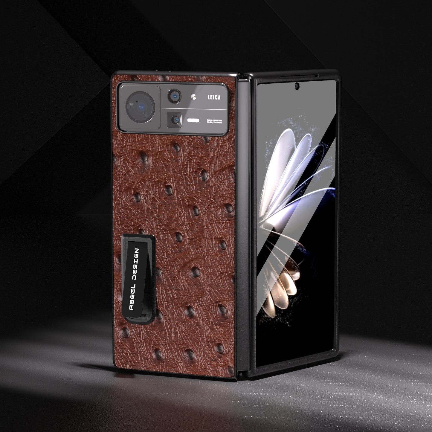 For Xiaomi Mix Fold 2 Integrated Genuine Leather Ostrich Texture Phone Case with Holder(Coffee)