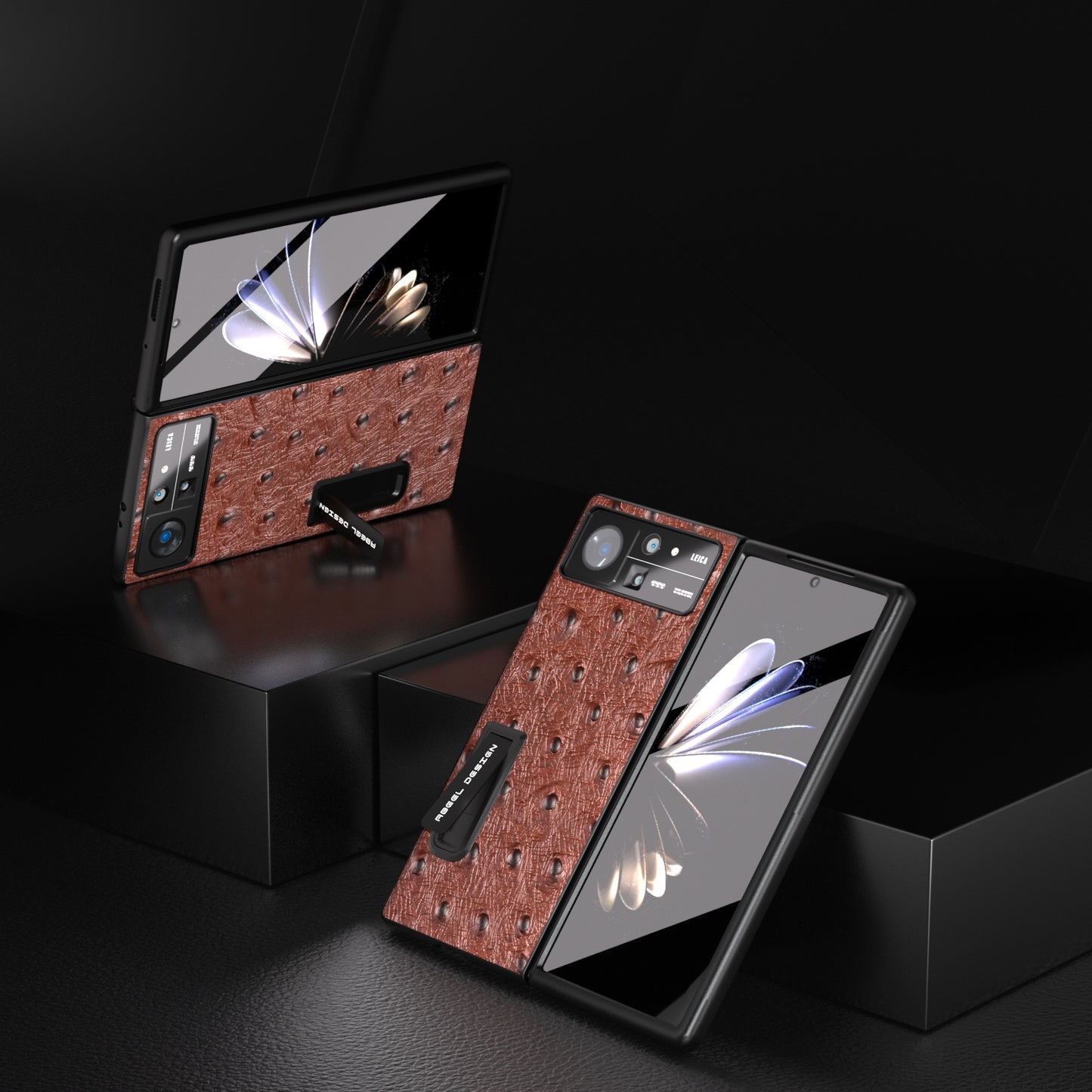 For Xiaomi Mix Fold 2 Integrated Genuine Leather Ostrich Texture Phone Case with Holder(Coffee)